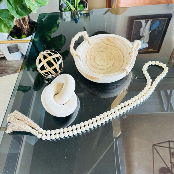 NEW POTTERY BARN White Cream Tan Wood Decor Low Bowl Knot Beads Chain Sphere - Picture 14 of 16